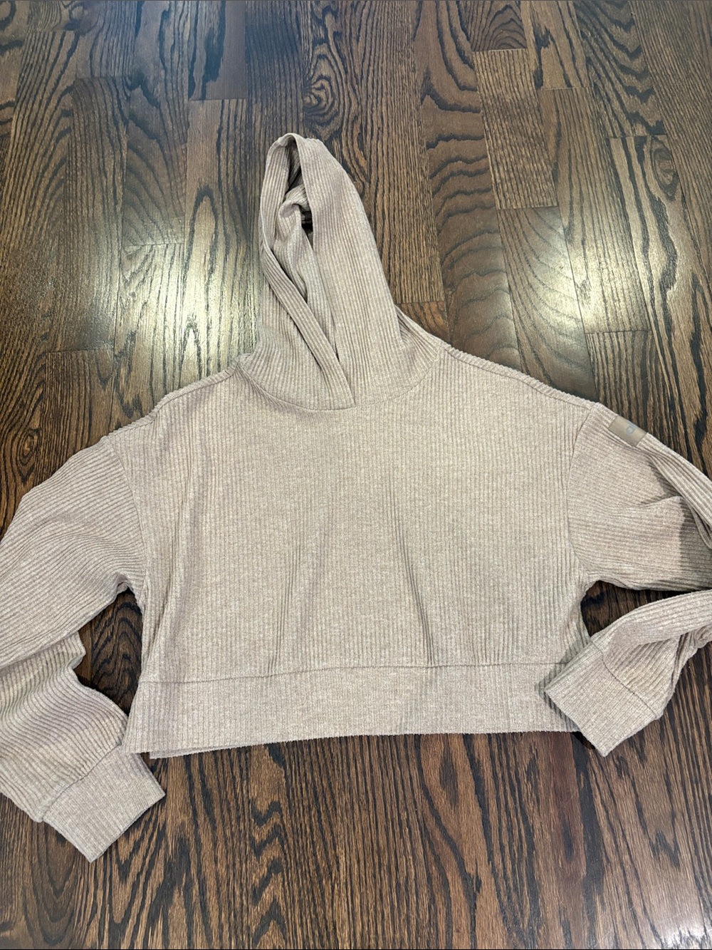 ALO Yoga Woman’s Ribbed Muse Cropped Hoodie in Light Beige Size XXS